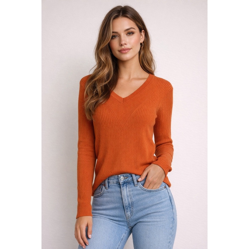 Mango MNG Womens XL Orange Ribbed‎ Knit Sustainable Viscose Pullover Sweater NEW